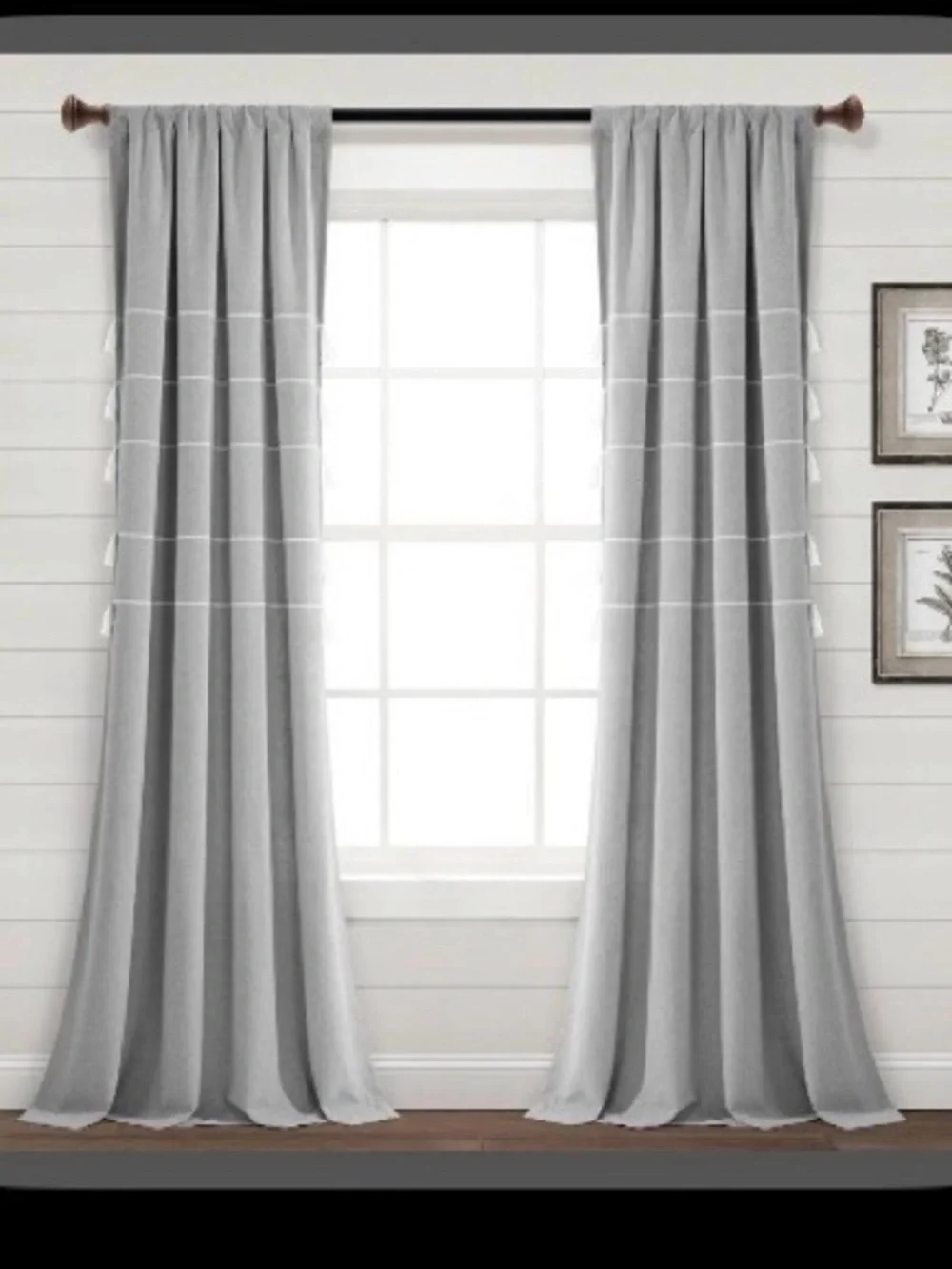 Set of 2- 95x42” Striped woven tassel yard dyed Gray Window Curtain Panels